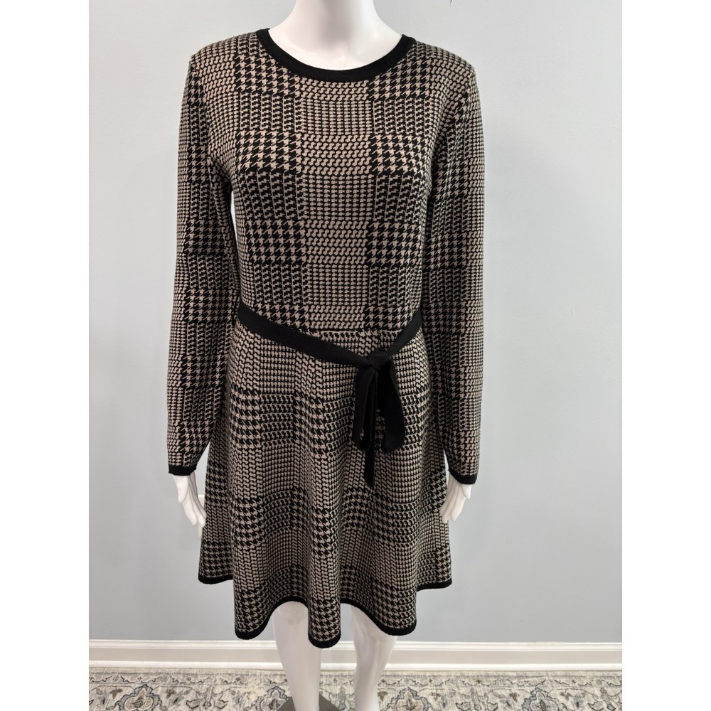 Max Studio Houndstooth Knit Dress Medium Long Sleeve Tie Waist A-Line Fall